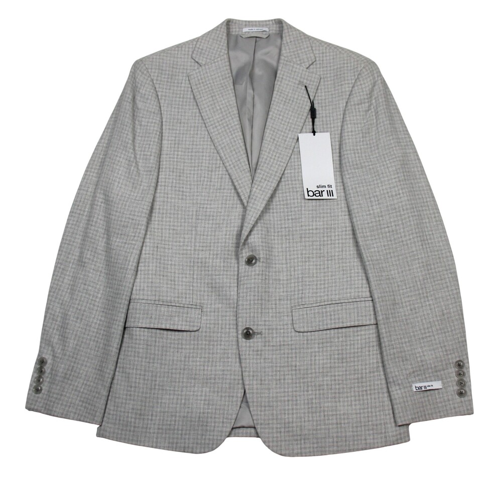 Bar III Mens Natural Grey Check Blazer 38 R Slim Fit Linen Cotton Sport Coat